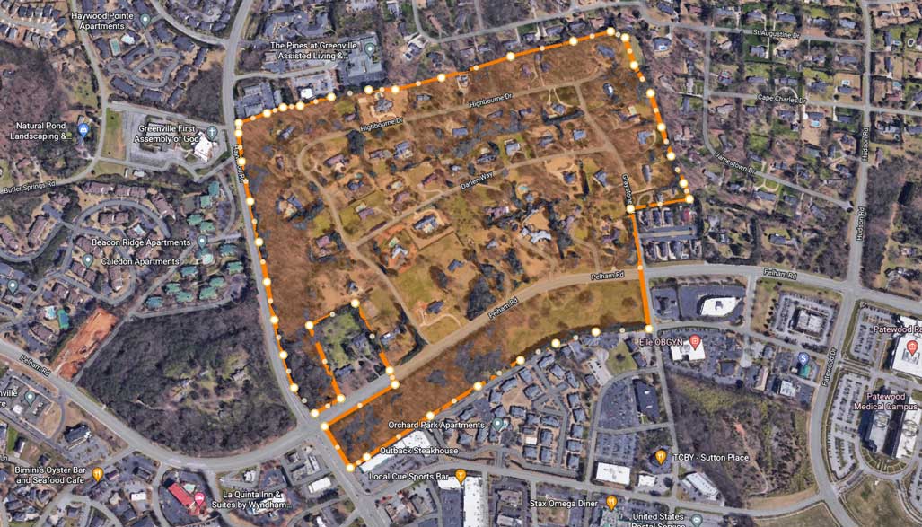 Aerial map showing the Watson Orchard subdivision and surrounding buffer properties